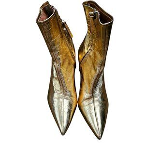 Zara Gold Metallic Pointed Toe Ankle Boots With Side Zipper & Kitten Heel